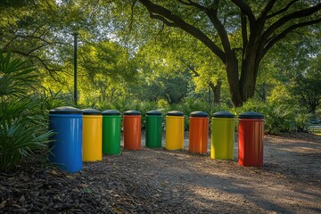 Colorful recycling bins in a park encourage waste separation and environmental awareness among visitors
