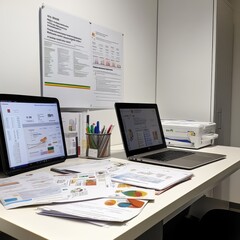 Close-up view of a public health officer's desk with digital devices and organized paperwork during a workday
