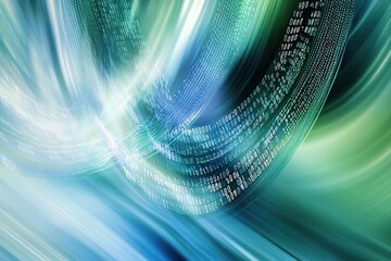Abstract flowing binary code in vibrant green and blue tones, symbolizing data transfer, and advanced technology in motion