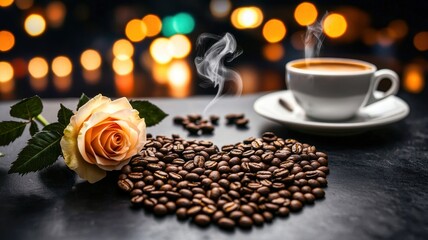 A romantic coffee setting featuring a steaming cup, rose, and heart-shaped coffee beans against a blurred background.