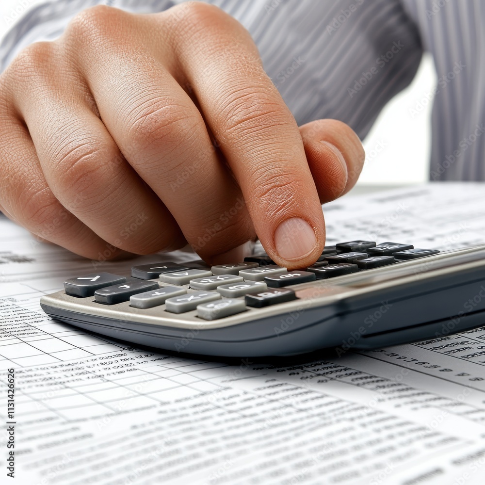 Poster close-up view of a budget analyst calculating figures with a calculator at a workspace filled with f