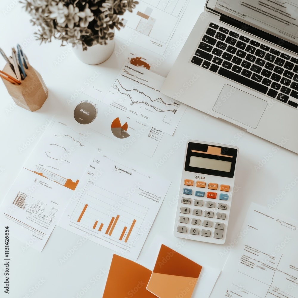 Poster detailed view of a budget analyst's workspace with charts, reports, and a calculator during a work s