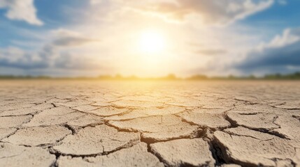 Obraz premium Cracked Ground Under Bright Sky at Sunset Highlighting Environmental Issues and Drought Conditions in Arid Landscape with Dramatic Clouds and Shimmering Light
