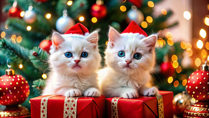 Two adorable white kittens wearing Santa hats, sitting on top of red gift boxes with snowflake designs.