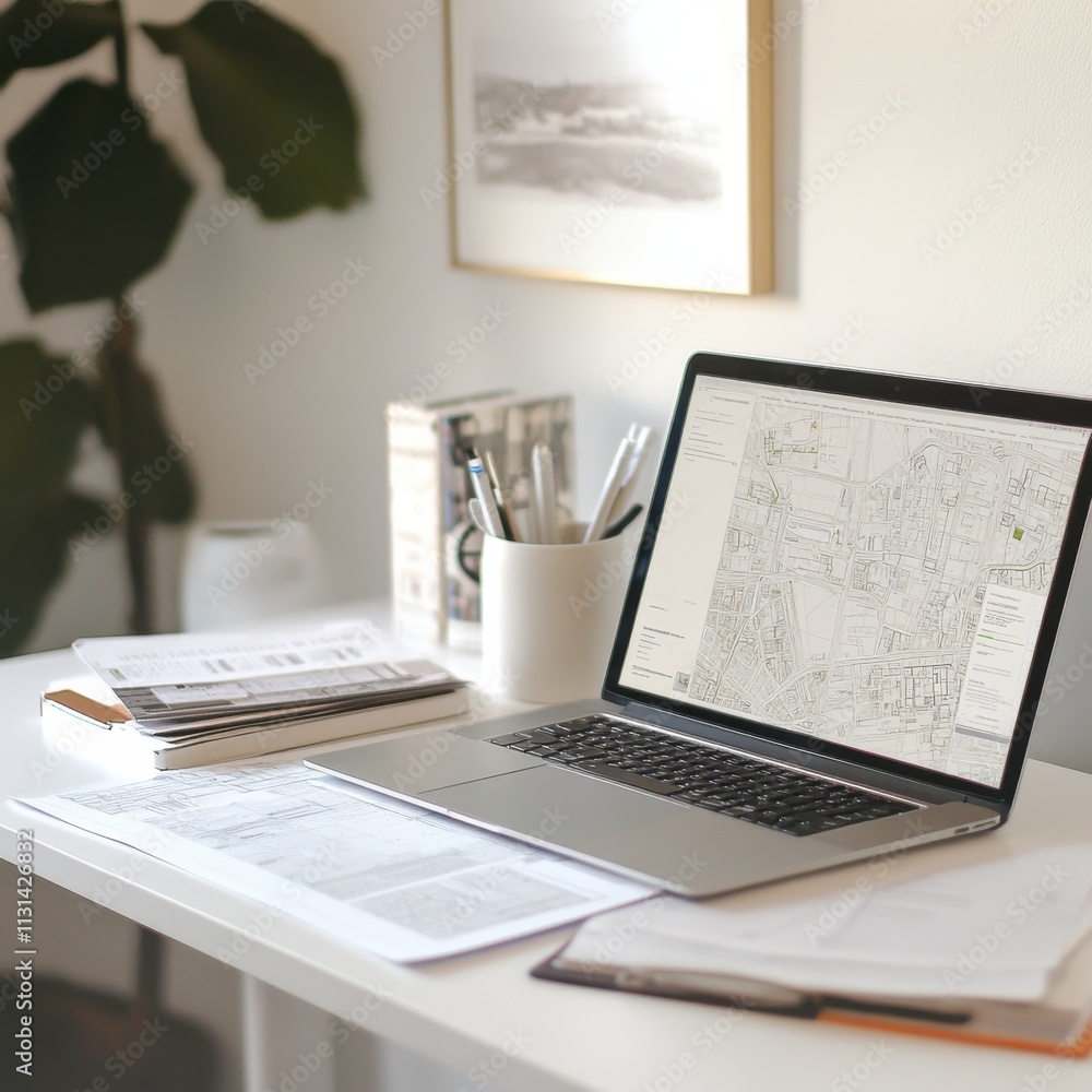 Poster close-up of a transportation planner's desk showcasing maps and documents in a modern workspace
