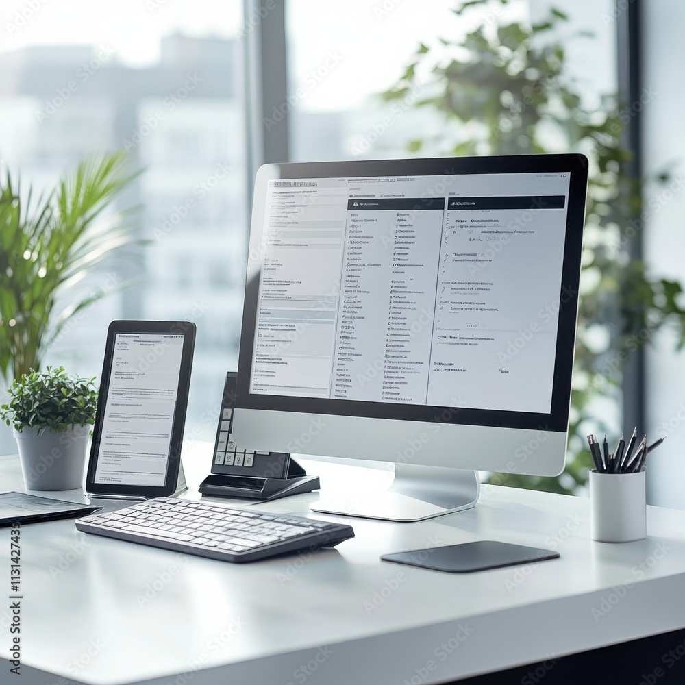 Poster modern customer service workspace featuring digital tools and a sleek design in a well-lit office en