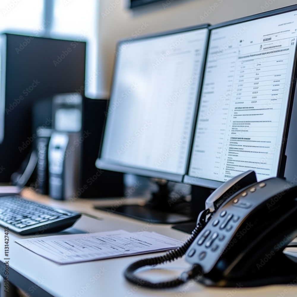 Poster Close-up view of modern customer service workspace with dual monitors and office phone setup