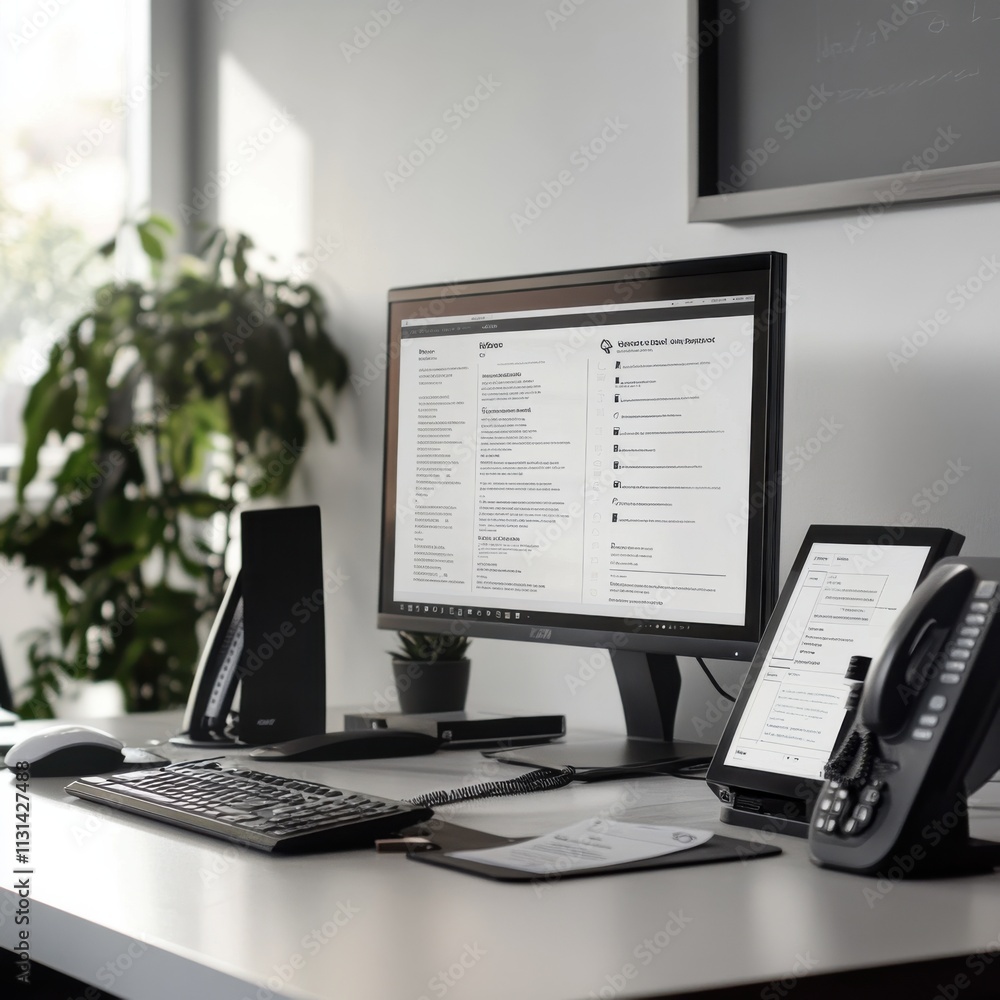 Poster customer service workstation setup featuring computer screen, phone, and organized desk on a bright 