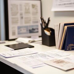 Fototapeta premium Consular officer's workspace featuring documents and office supplies in a professional setting