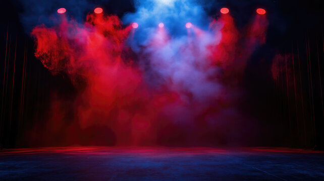 immerse yourself in an ethereal world: empty dark stage transformed with mist, fog, and red smoke, perfect for showcasing artistic works and products. generative ai