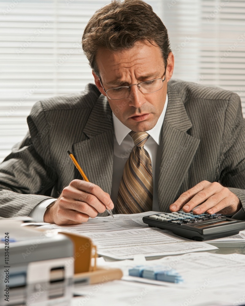 Poster budget analyst working diligently at a desk with financial documents and calculator