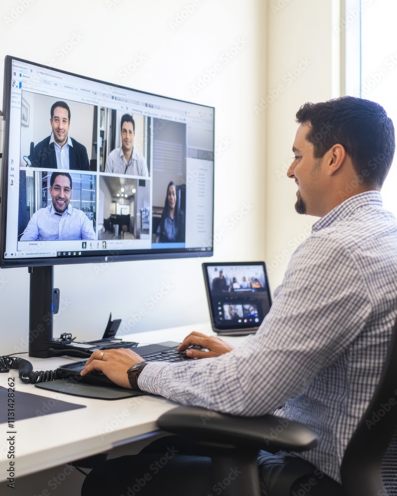 Poster revenue officer engages in virtual meeting while seated at desk in modern office space