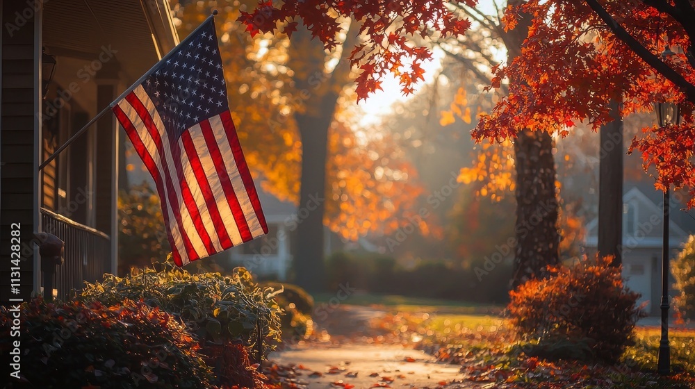 Poster Beneath the warm glow of sunlight, a red maple tree showcases its stunning foliage while two flags flutter peacefully, framed by a serene suburban walkway in autumn