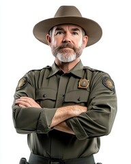 Obraz premium Park ranger stands confidently with arms crossed, showcasing authority and commitment to conservation in a natural setting