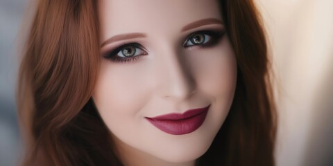 Fototapeta premium Close up of a smiling young woman with perfect makeup, highlighting her red hair and expressive eyes