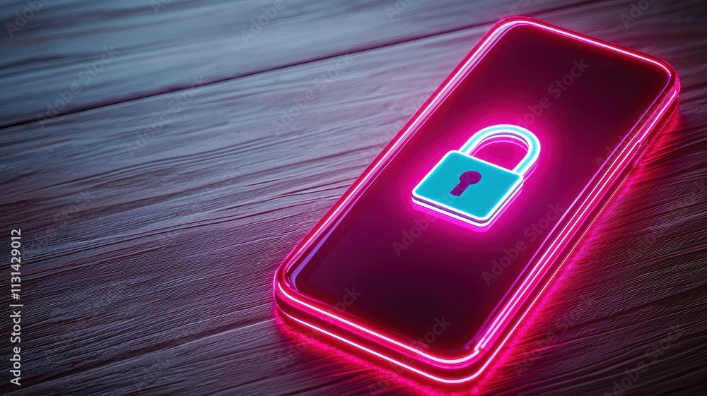 Poster a scam alert notification glowing in red on a futuristic mobile device, with a lock icon symbolizing