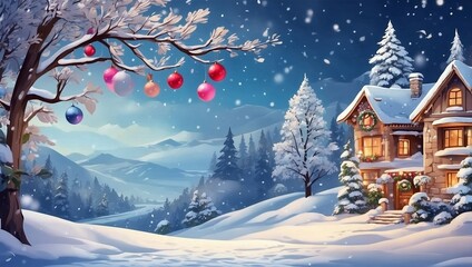 A christmas card with a christmas tree and a church in the background
