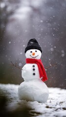 Fototapeta premium Classic snowman with red scarf and carrot nose in falling snowy setting