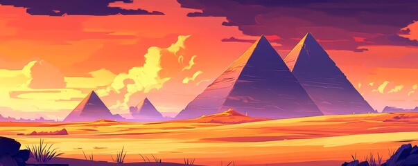 Sunset Pyramids Vibrant Digital Painting of Desert Landscape