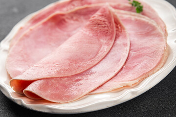 Ham slice pork meat fresh tasty food dish delicious gourmet food background on the table rustic food top view copy space