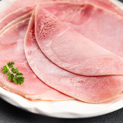 Ham slice pork meat fresh tasty food dish delicious gourmet food background on the table rustic food top view copy space