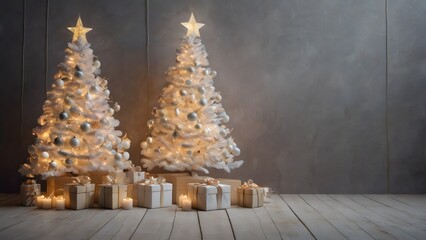 Escena Acogedora de Navidad: Elegancia en Blanco con Árboles de Navidad