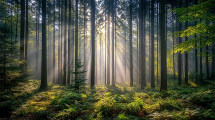 Fototapeta premium Sunbeams Through a Misty Forest Tall Trees, Ferns, Crepuscular Rays