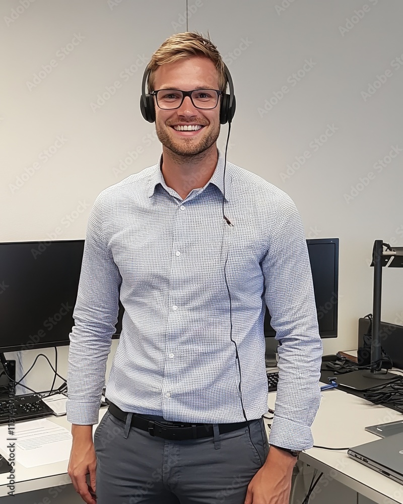 Poster customer service representative assisting clients from a modern office environment with a friendly d