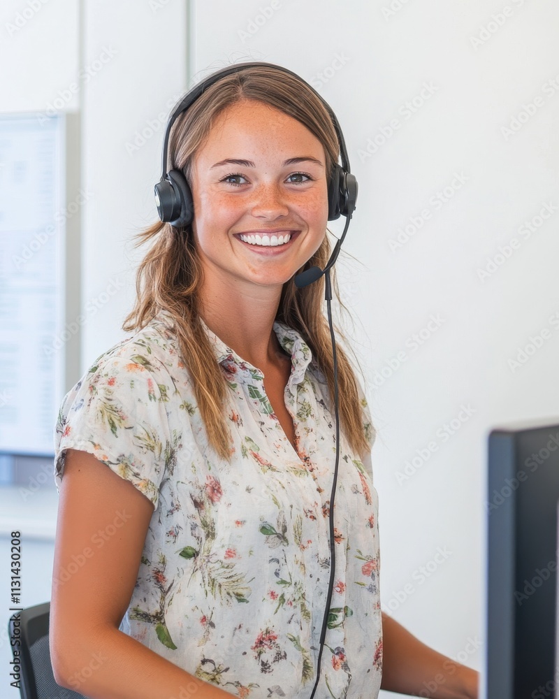 Poster customer service representative assists clients with a friendly smile in a modern office setting dur