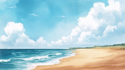 Obraz premium Serene Seascape Watercolor Beach Scene with Blue Sky and Rolling Waves