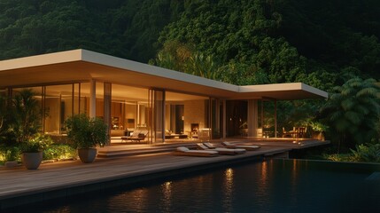Fototapeta premium Nighttime Jungle Villa Modern Minimalist Architecture, Infinity Pool, Lush Foliage