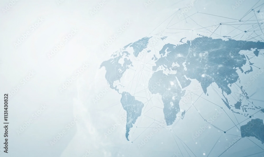 Poster a light blue background with a digital world map and global network, representing the concept of con