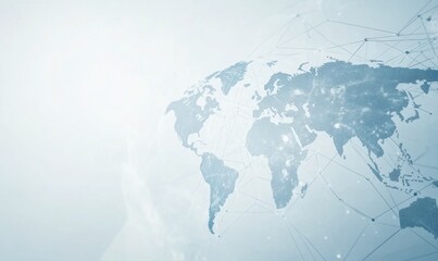 A light blue background with a digital world map and global network, representing the concept of connectivity in business The globe is connected by lines to represent international trade Generative AI