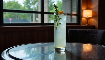 Gin tonic with rosemary and orange in a cozy lounge.