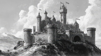Naklejka premium Ethereal Kingdom. Dreamy castle in the clouds concept