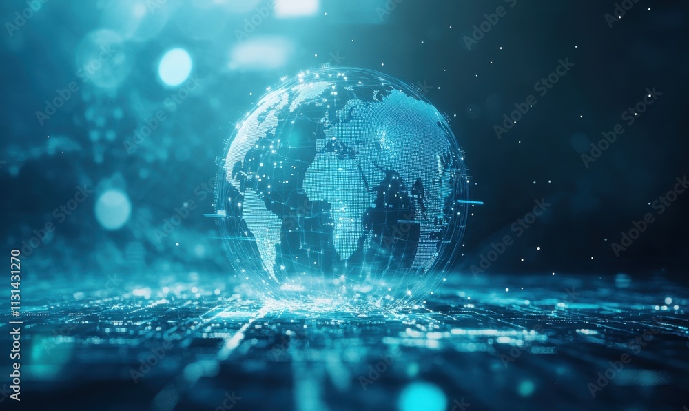 Poster blue background with a digital globe and global network, with a light blue color scheme for a techno