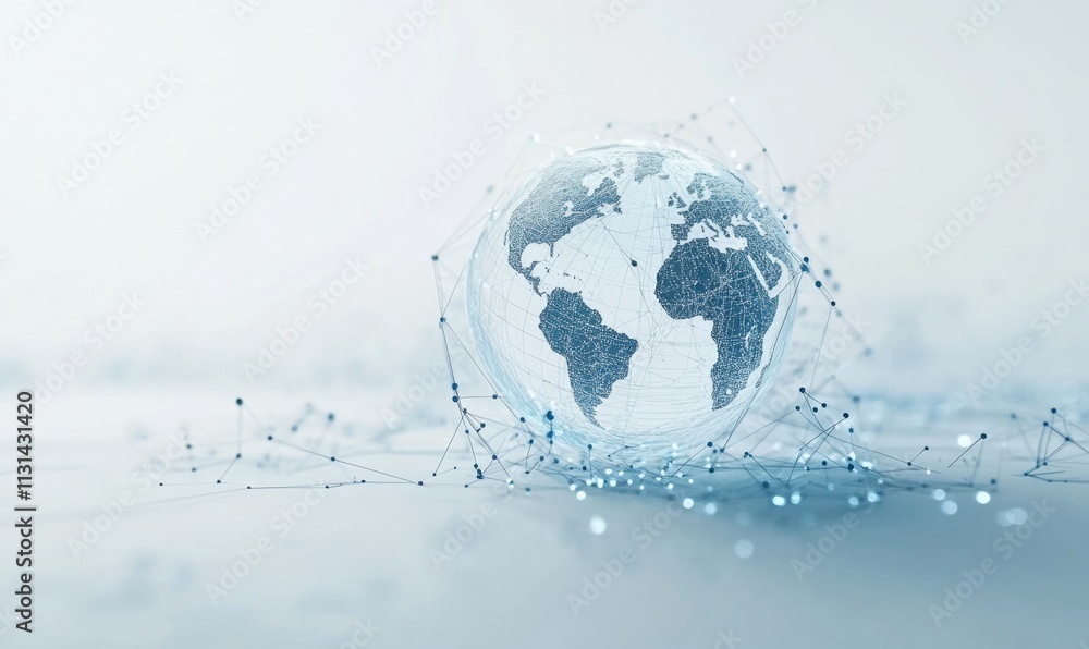 Poster blue background with a digital globe and global network, with a light blue color scheme for a techno