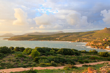 Naklejka premium Panoramic view of the bay of Cape Sounio during golden hour in Attica, Greece near the archaeological temple of Poseidon