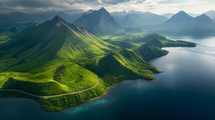 Coastal Mountain Majesty Aerial View of Verdant Peaks and Winding Road