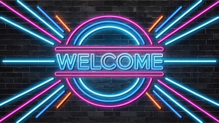 Fototapeta premium Vibrant WELCOME neon sign with retro pink and blue starburst design