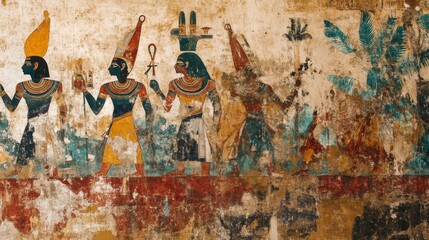 Fototapeta premium Ancient Egyptian Mural Damaged Wall Painting of Figures in Procession