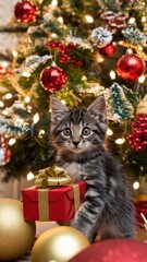 Obraz premium Tabby kitten looking up surrounded by Christmas ornaments and decorations