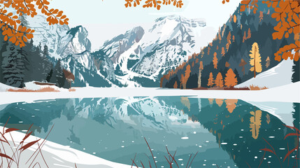 Snow on Braies Lake: Colorful Autumn Landscape in Italy