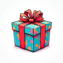 Fototapeta premium A blue square gift box with colorful polka dots and a bright red ribbon, slightly tilted to highlight its 3D shape and evoke surprise.