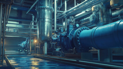 Large industrial boiler room and water treatment facility, blue pumps, shiny stainless metal pipes, and valves. Generative AI