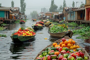 Obraz premium Floating market with colorful produce in boats