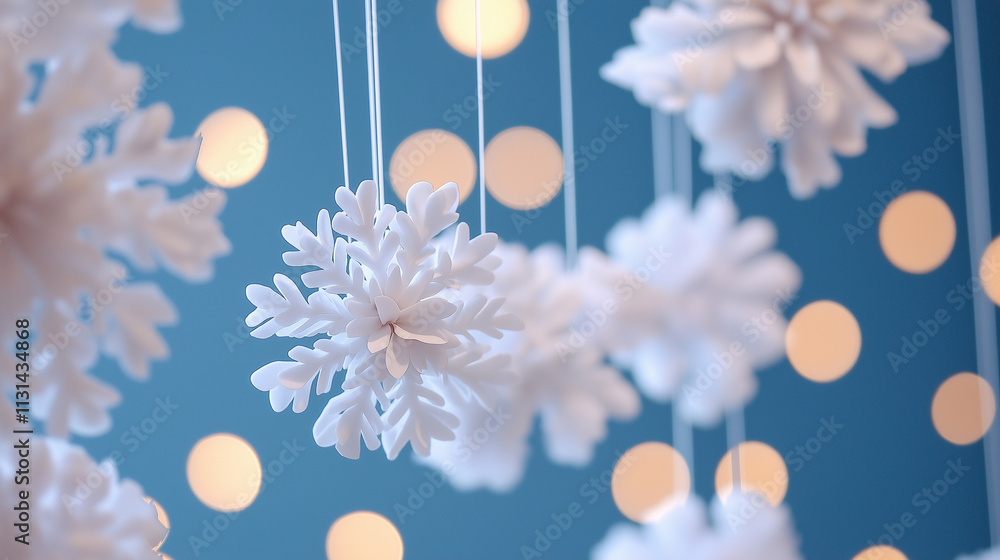 Poster white snowflake ornaments hanging against a blue background with sparkling bokeh lights, creating a 