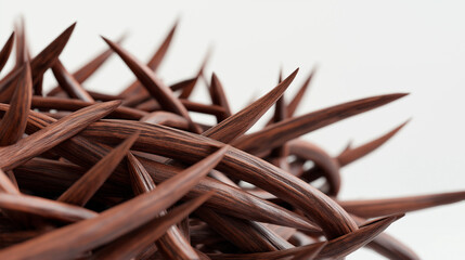 Fototapeta premium Close-up of a spiky thorn branch in light brown tones against a white background, emphasizing natural sharp textures.