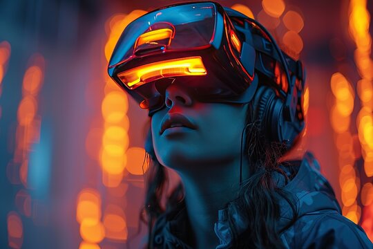 Young woman wearing VR headset and headphones, looking up in wonder.