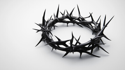Fototapeta premium A black crown of thorns placed on a clean white background, symbolizing suffering, sacrifice, or faith.